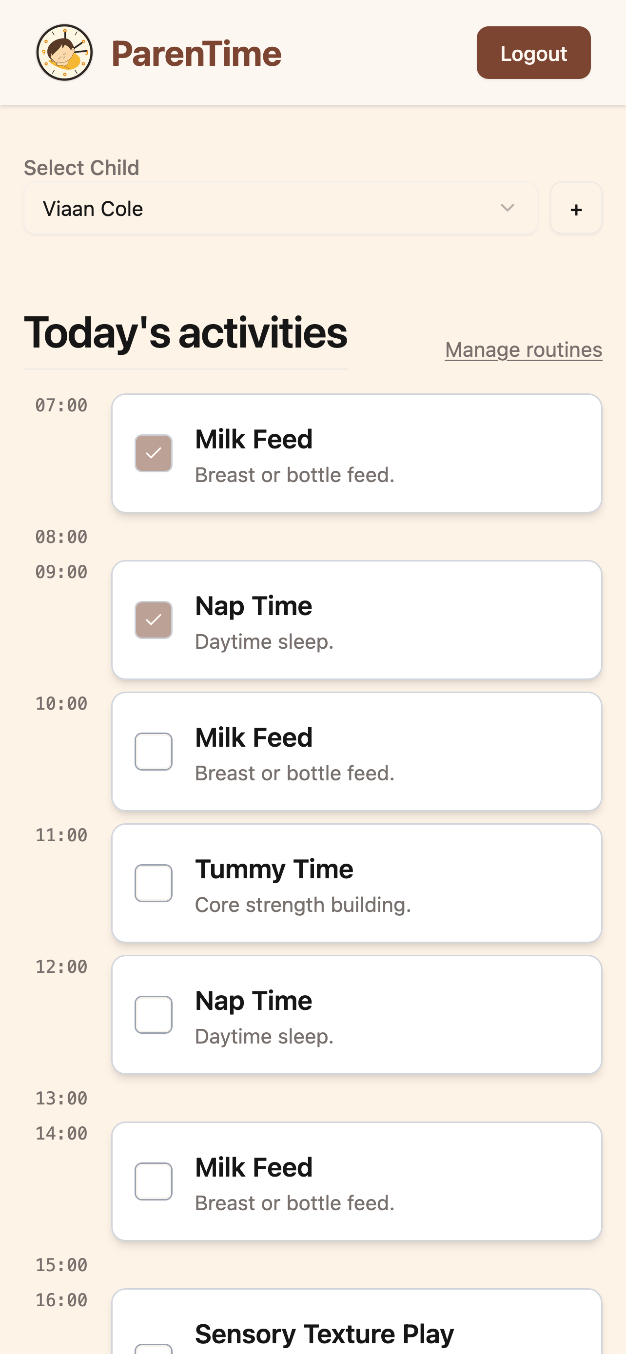 ParenTime Dashboard showing daily feed and nap activities